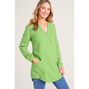 Women's Small Soft Surroundings Santorini Gauze Green Pocket Button Blouse